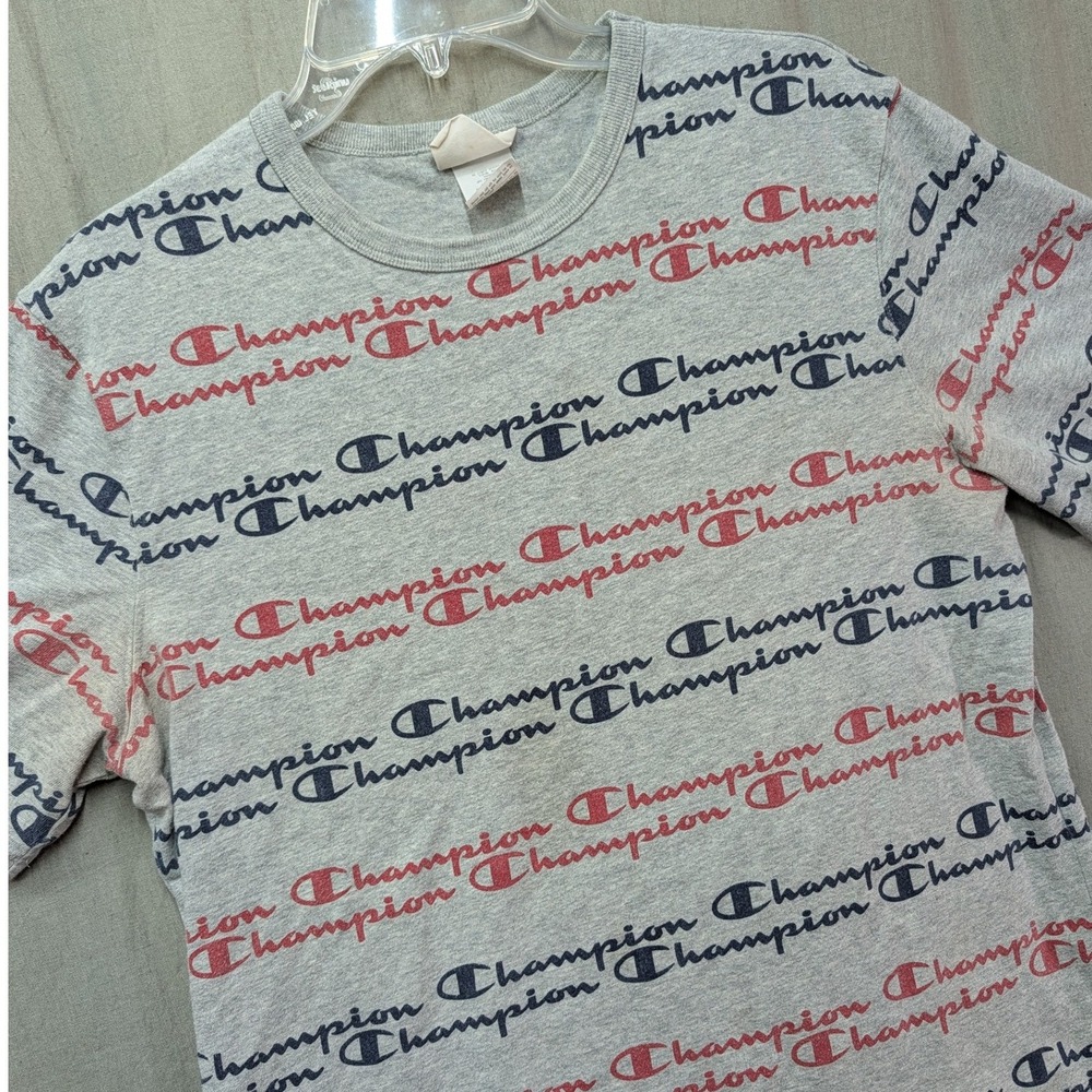 Champion Heritage Mens All Over Print Logo T-Shirt Gray Red Blue Script Large